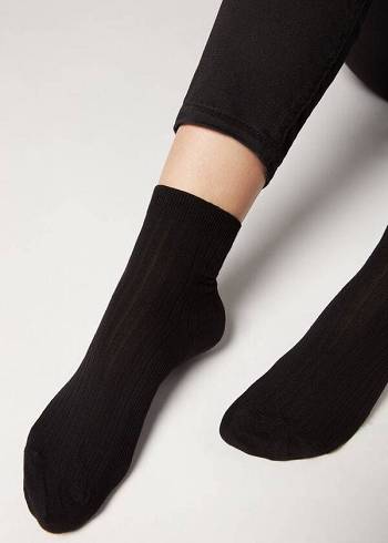 Calcetines Calzedonia Corta Acanalado with Algodon and Cashmere Mujer Negros | MX1677HK