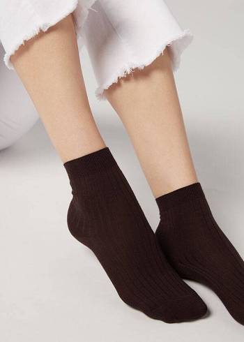 Calcetines Calzedonia Corta Acanalado with Algodon and Cashmere Mujer Marrom | MX1678JJ