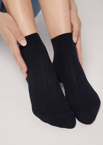 Calcetines Calzedonia Corta Acanalado with Algodon and Cashmere Mujer Azules | MX1679KI