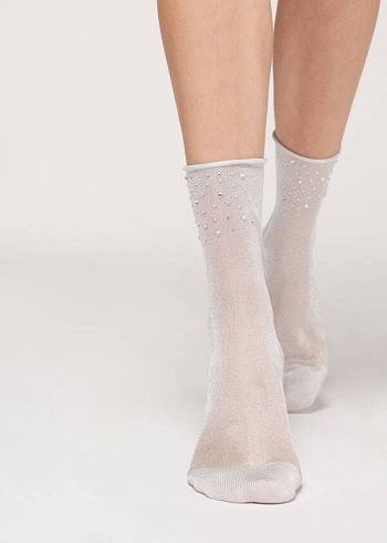 Calcetines Calzedonia Corta with Glitter and Crystals Mujer Blancos | MX1663WY