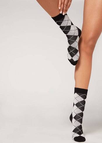 Calcetines Calzedonia Diamond-Pattern Cashmere Corta Mujer Negros Blancos | MX1784LH