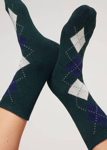 Calcetines Calzedonia Diamond-Pattern Cashmere Corta Mujer Verde Oliva | MX1785ZG