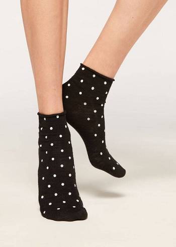 Calcetines Calzedonia Polka Dot Motif Corta with Linen Mujer Negros | MX1724AP