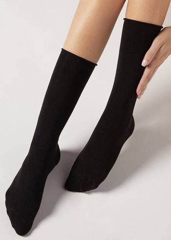 Calcetines Calzedonia Smooth Algodon Mid-Calf Long Mujer Negros | MX1928UT