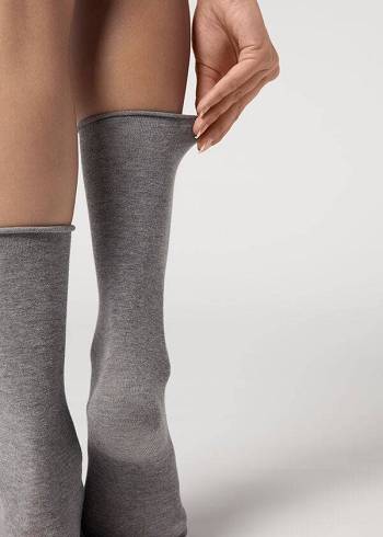 Calcetines Calzedonia Smooth Algodon Mid-Calf Long Mujer Plateados | MX1929IS