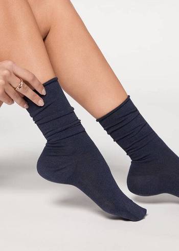 Calcetines Calzedonia Smooth Algodon Mid-Calf Long Mujer Azul Marino | MX1930OR