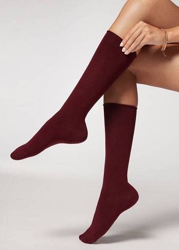 Calcetines Calzedonia Smooth Algodon Mid-Calf Long Mujer Rojos | MX1932AP