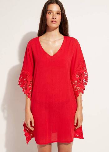 Cubrirlos Calzedonia Floral Macramé Encaje Caftan Mujer Rojos | MX2111IS