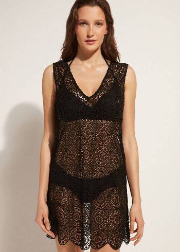 Cubrirlos Calzedonia Geometric Crochet Vestido Mujer Negros | MX2109YU