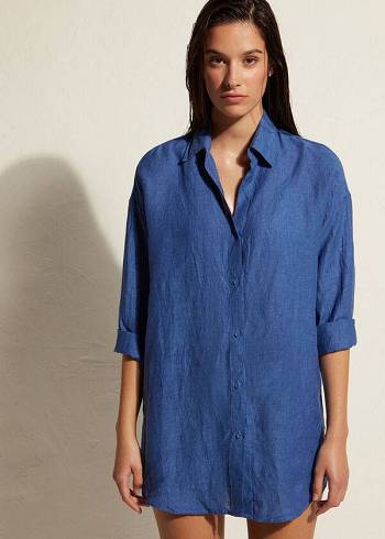 Cubrirlos Calzedonia Linen Shirt Mujer Azules | MX2100VD