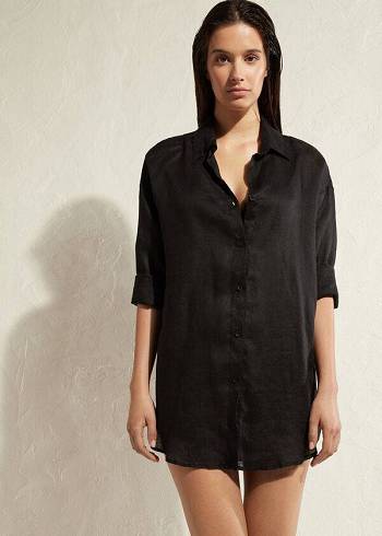 Cubrirlos Calzedonia Linen Shirt Mujer Negros | MX2099CE