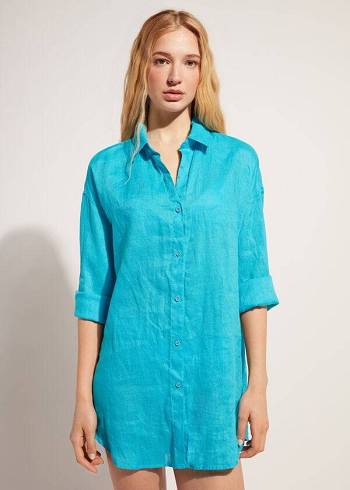 Cubrirlos Calzedonia Linen Shirt Mujer Turquesa Verdes | MX2097ZG