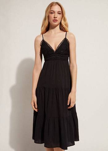 Cubrirlos Calzedonia Midi Vestido in Macramé Encaje and Ruffled Skirt Mujer Negros | MX2086OR