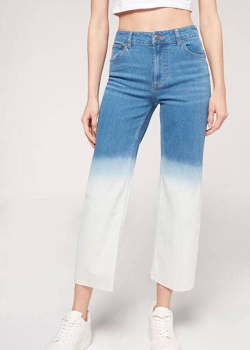 Jeans Calzedonia Cropped Directo-Leg Mujer Azules Blancos | MX1625HK