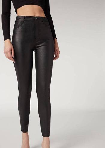 Jeans Calzedonia Faux Cuero Flaco Mujer Negros | MX1599HK