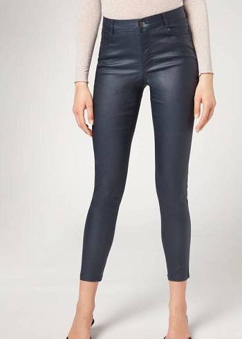 Jeans Calzedonia Faux Cuero Flaco Mujer Azul Marino Azules | MX1600JJ