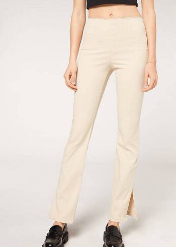 Jeans Calzedonia High-Cintura Flared in Denim with Slits Mujer Marrom Beige | MX1591IS