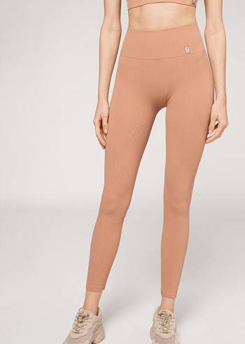 Leggins Calzedonia Fine Acanalado Seamless Deporte Mujer Beige | MX1540OR