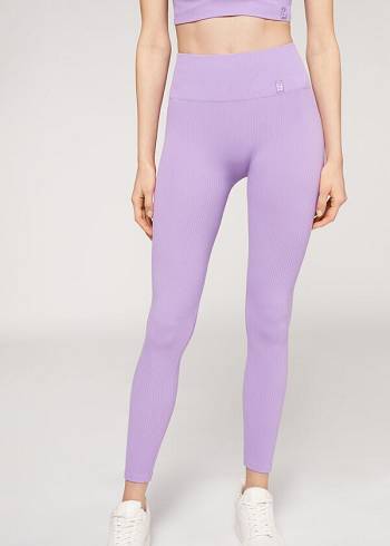 Leggins Calzedonia Fine Acanalado Seamless Deporte Mujer Morados | MX1541PQ