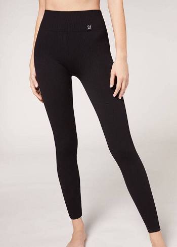 Leggins Calzedonia Fine Acanalado Seamless Deporte Mujer Negros | MX1546GL