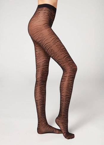 Mallas Calzedonia Flocked Tiger Text 50 Denier Patterned Mujer Negros | MX3094GL