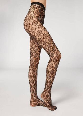 Mallas Calzedonia Floral-Motif Fishnet Patterned Mujer Negros | MX3090LH