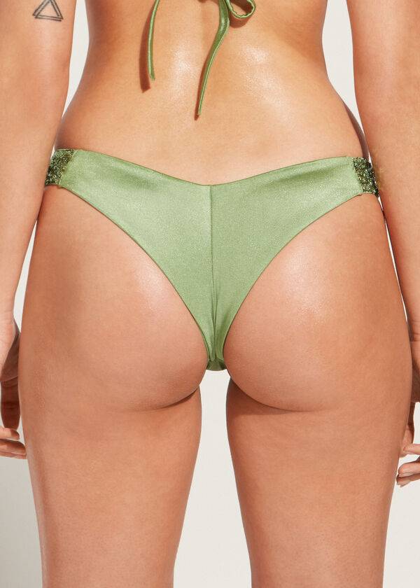 Abajo De Bikini Calzedonia Sequined High-Cut Brazilian Cannes Mujer Verdes | MX2647PQ