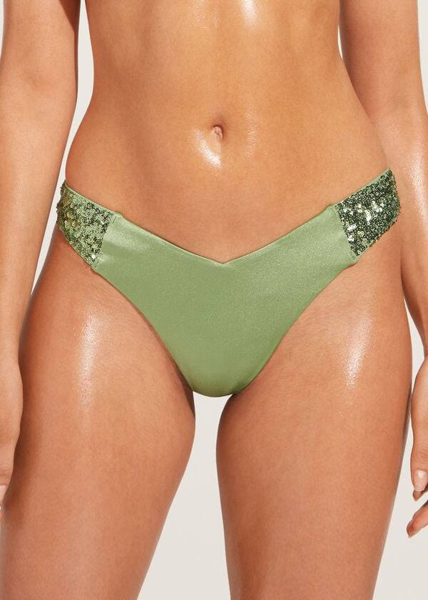 Abajo De Bikini Calzedonia Sequined High-Cut Brazilian Cannes Mujer Verdes | MX2647PQ