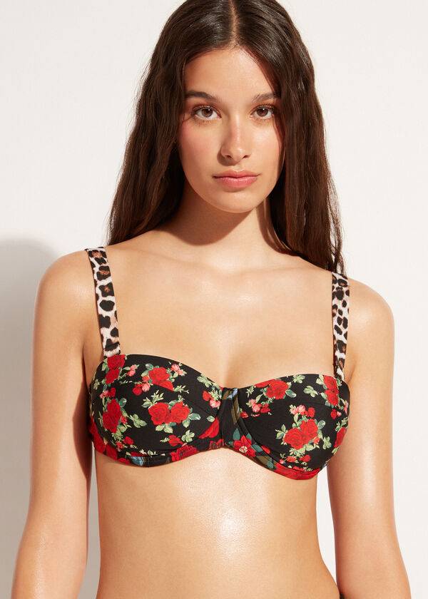 Arriba De Bikini Calzedonia Bandeau Lightly Acolchado Nizza Mujer Rosas Negros | MX2497AP