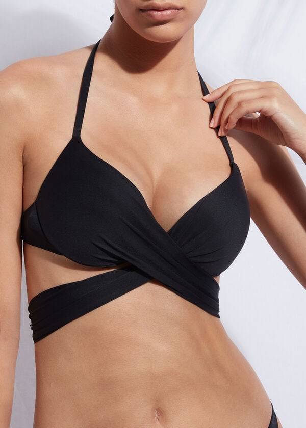 Arriba De Bikini Calzedonia Indonesia Push Up Criss-Cross Straps Mujer Negros | MX2417DN