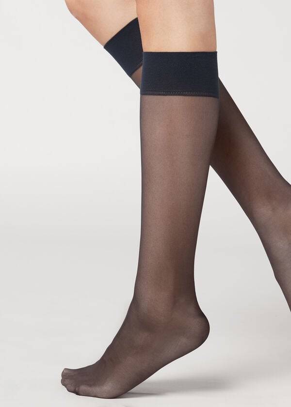 Calcetines Calzedonia 20 Denier Comodidad Cuff Knee-Highs Long Mujer Azules | MX1967ZG