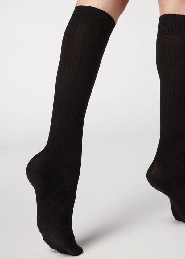 Calcetines Calzedonia Acanalado Long with Cashmere Mujer Negros | MX1937HK