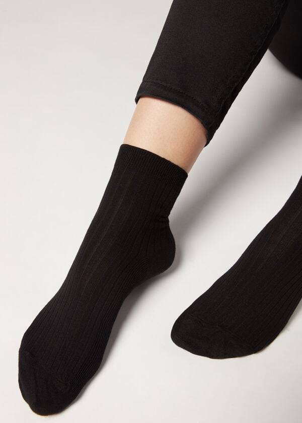 Calcetines Calzedonia Corta Acanalado with Algodon and Cashmere Mujer Negros | MX1677HK