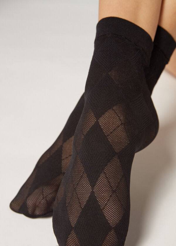 Calcetines Calzedonia Corta in Diamond Motif Mesh Mujer Negros | MX1689WY