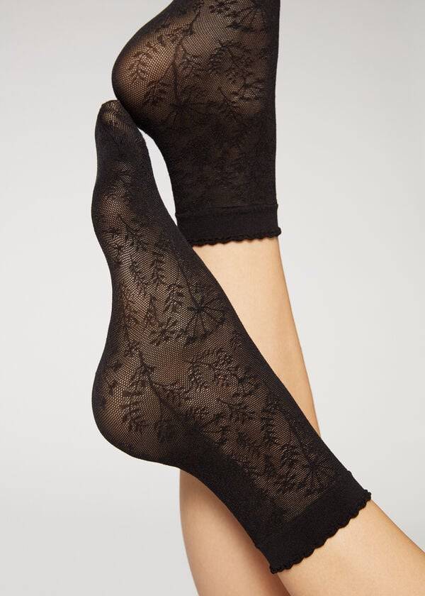 Calcetines Calzedonia Corta in Floral Pattern Mesh Mujer Negros | MX1687MA