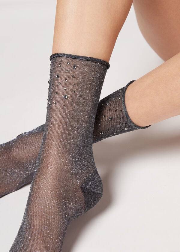 Calcetines Calzedonia Corta with Glitter and Crystals Mujer Negros | MX1662QZ