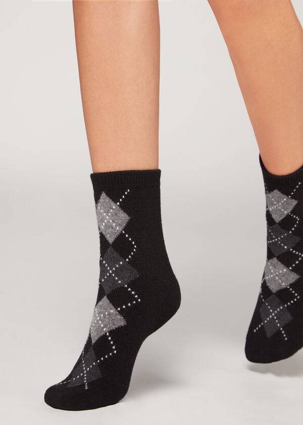 Calcetines Calzedonia Diamond-Pattern Cashmere Corta Mujer Negros Grises | MX1780GL