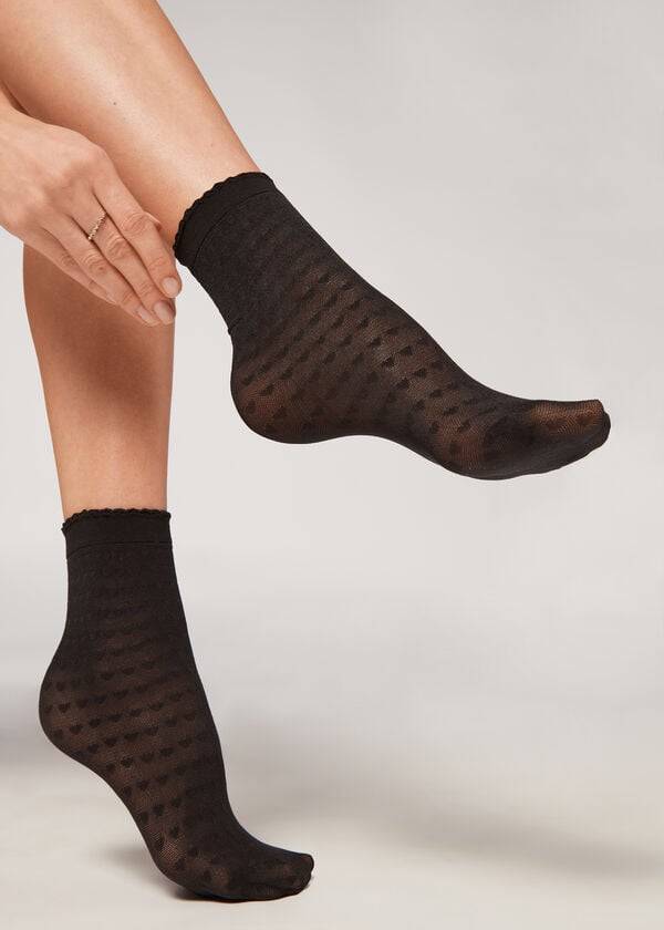 Calcetines Calzedonia Heart Motif Mesh Corta Mujer Negros | MX1748OR