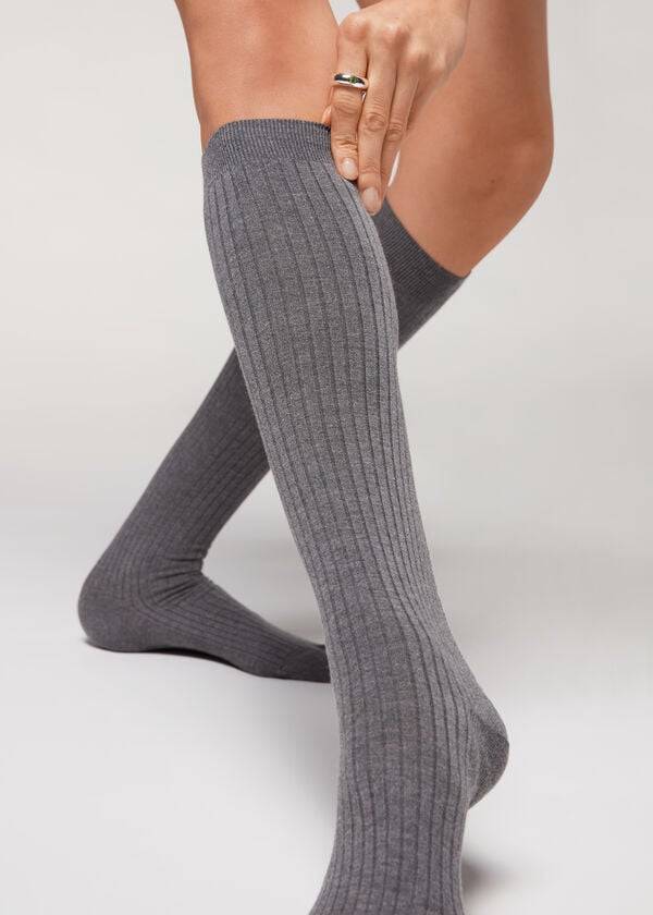 Calcetines Calzedonia Long Acanalado Cashmere Mujer Grises | MX1947MA