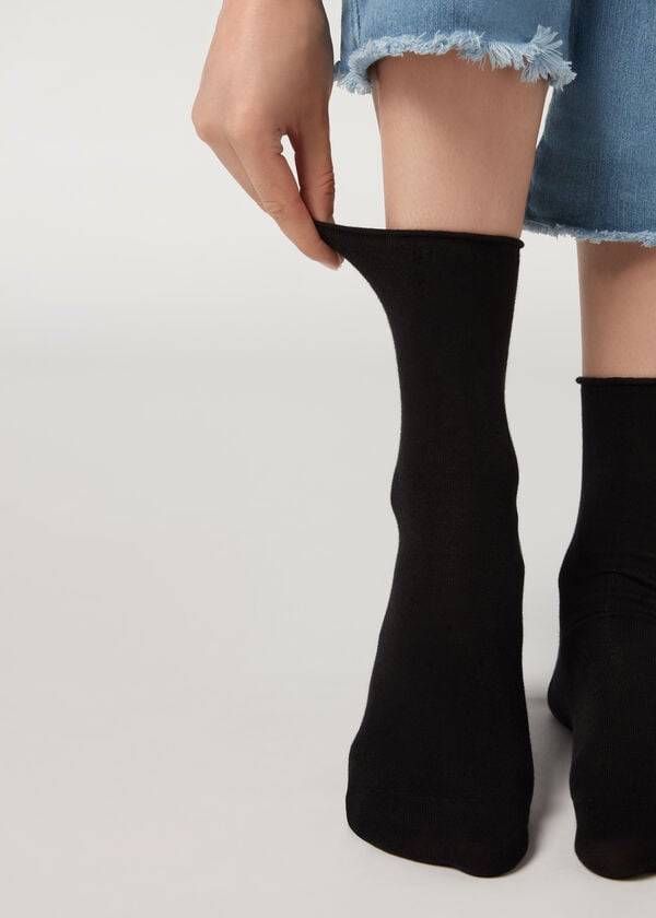 Calcetines Calzedonia Non-Elastic Algodon Ankle Corta Mujer Negros | MX1734XF