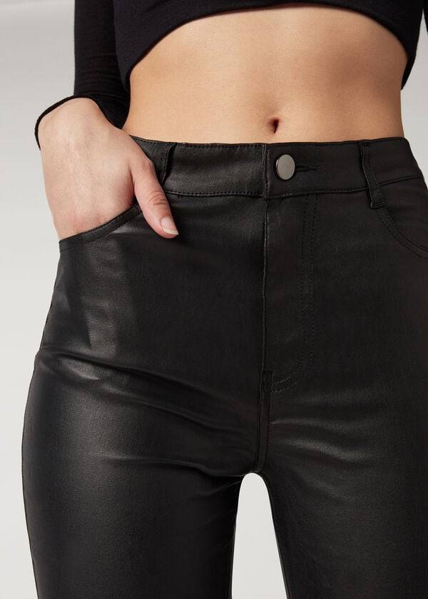 Jeans Calzedonia Faux Cuero Flaco Mujer Negros | MX1599HK