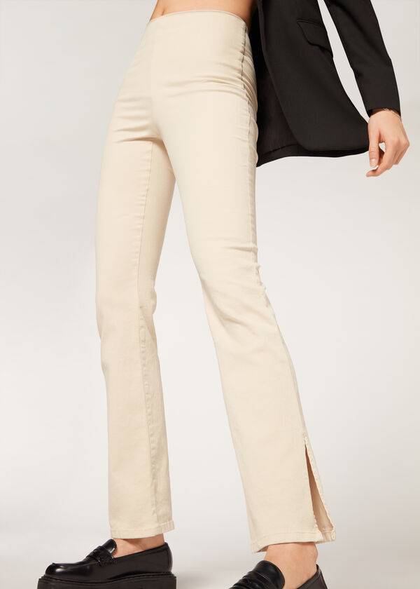 Jeans Calzedonia High-Cintura Flared in Denim with Slits Mujer Marrom Beige | MX1591IS