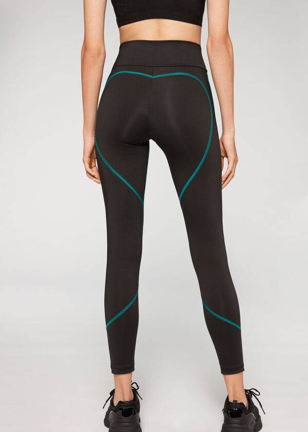 Leggins Calzedonia Contrast Seam Performance Atléticos Mujer Negros Verdes | MX1555BC