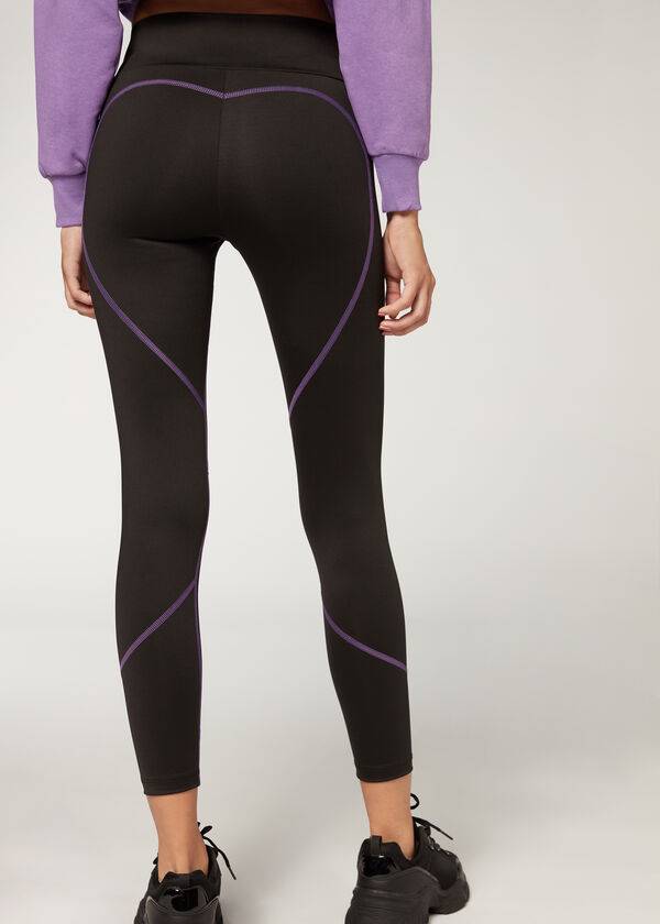 Leggins Calzedonia Contrast Seam Performance Atléticos Mujer Negros Morados | MX1556NB