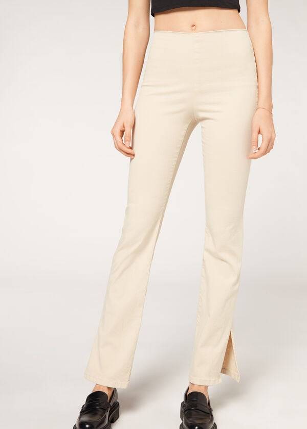 Leggins Calzedonia High-Cintura Flared in Denim with Slits Mujer Marrom Beige | MX1530NB