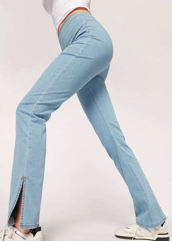 Leggins Calzedonia High-Cintura Flared in Denim with Slits Mujer Azules | MX1531MA