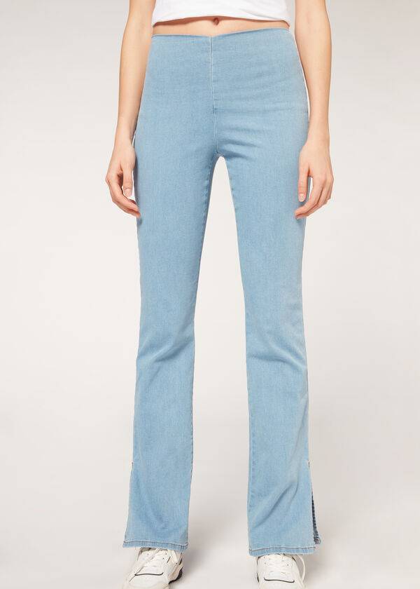 Leggins Calzedonia High-Cintura Flared in Denim with Slits Mujer Azules | MX1531MA