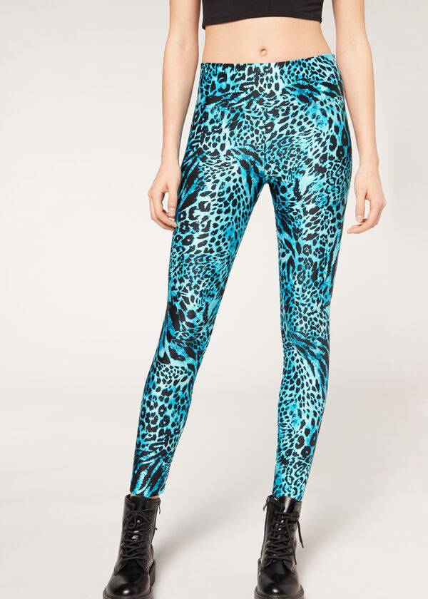 Leggins Calzedonia Shiny Animal-Print Atléticos Mujer Turquesa | MX1510TV