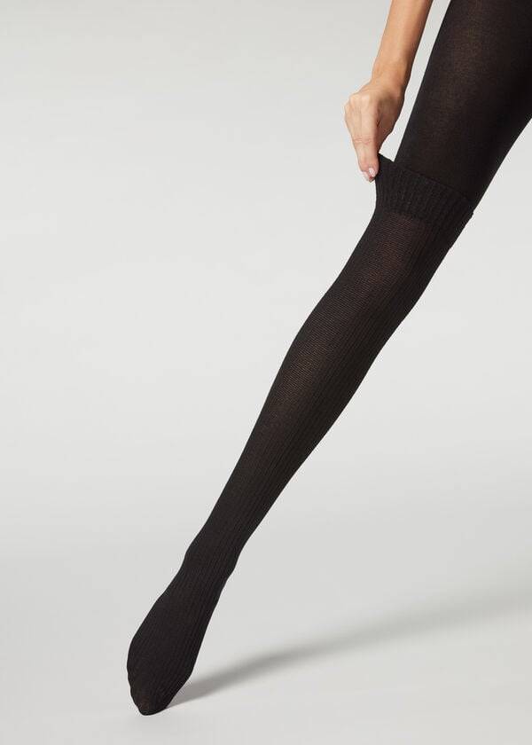 Mallas Calzedonia Acanalado Longuette Effect with Cashmere Patterned Mujer Negros | MX3066NB