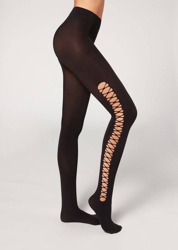 Mallas Calzedonia Crisscross Cut-Out Opaque 90 Denier Patterned Mujer Negros | MX3101IS